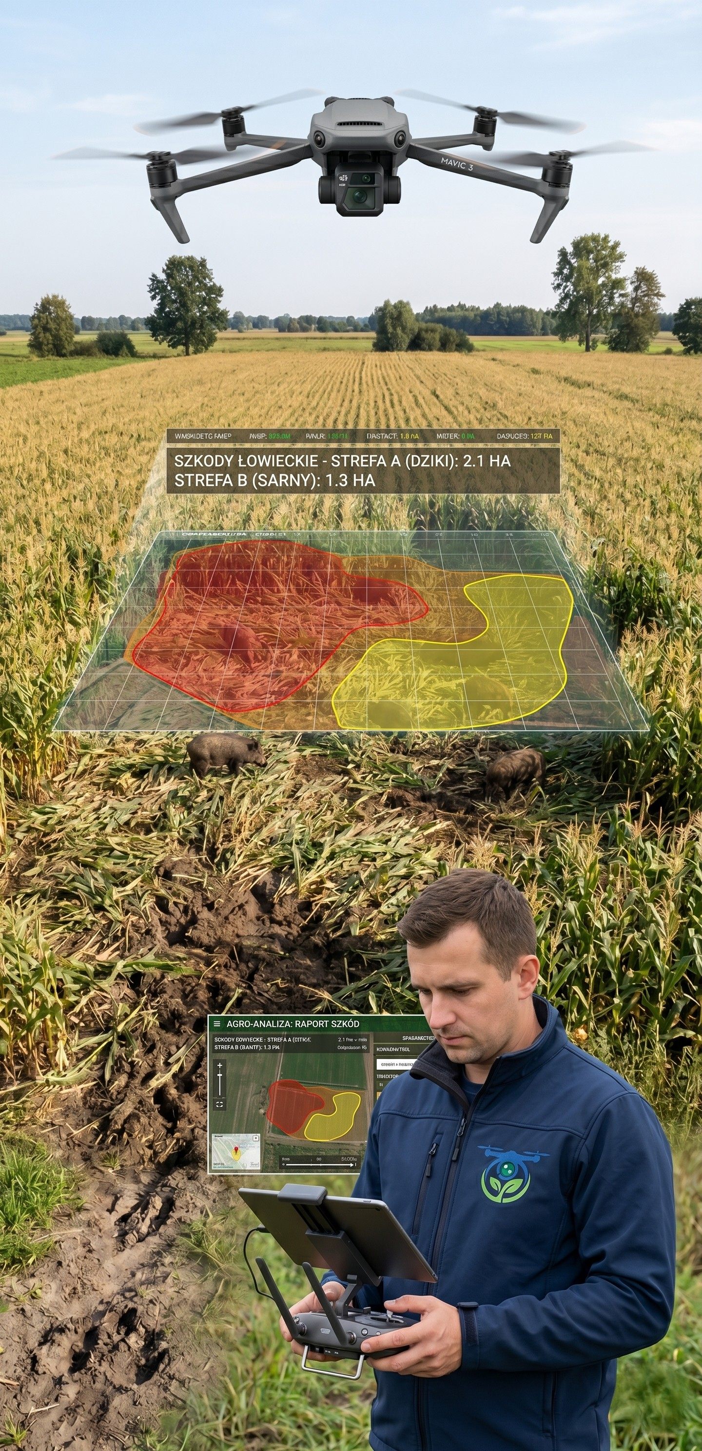 Dron nad uprawą przy lesie podczas dokumentacji szkód łowieckich